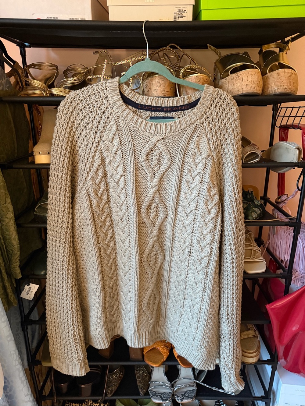 Lucky Brand Beige Cable Knit Crewneck Sweater